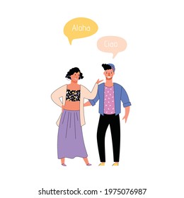 International couple saying hello in different languages - cartoon people talking and greeting each other in Hawaiian in Italian. Flat vector illustration isolated on white background.