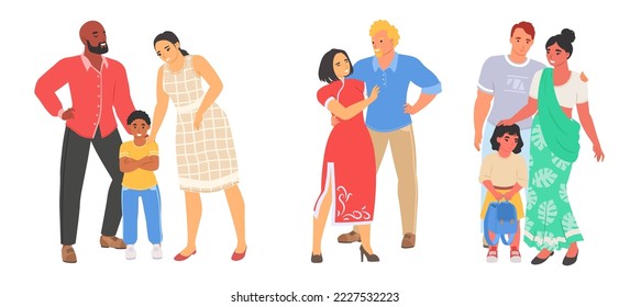 Vector de pareja internacional. Personas de diferentes países se aman. Caricatura plana de hombre y mujer cónyuge. Feliz concepto de familia multirracial y amante