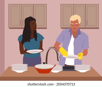 International couple washing utensils in the kitchen interior. Editable vector illustration