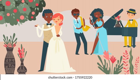 International couple wedding celebration, character male female marry flat vector illustration. Music group jazz performance, wed festivity. Lovely pair dance, lover man woman happy day.