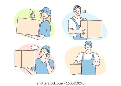 International courier service, deliverer set concept. Young boys, girls post office workers making package delivery, showing like sign. Professional post office work in global fast service flat vector