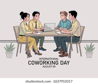International Coworking Day. people in an office setting having a discussion, working together. office space with people working on laptops