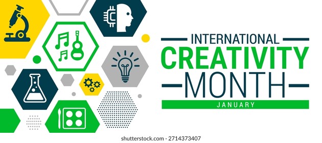 La Plantilla de fondo, Anuncio, tarjeta o cartel del Mes Internacional de la Creatividad se observa cada año durante enero, para crear conciencia sobre la misión. Ilustración vectorial.