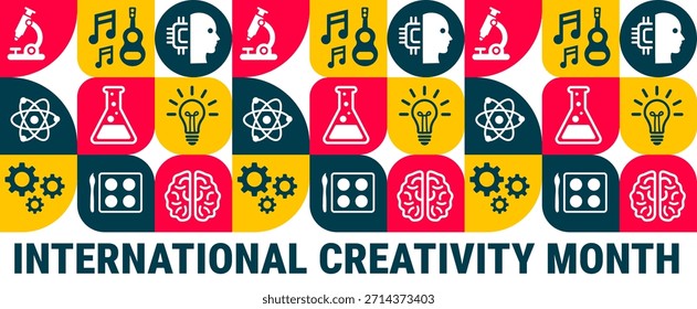 Mes Internacional de la Creatividad La Plantilla geométrica de diseño de patrones de formas, Anuncios, tarjetas o carteles se observa cada año durante enero, para crear conciencia sobre la misión. Vector