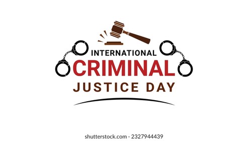 International criminal justice day lettering text vector. Text with judge gavel and handcuffs icon. Great for the Promotion of law enforcement through social media, videos, banners, and print media.
