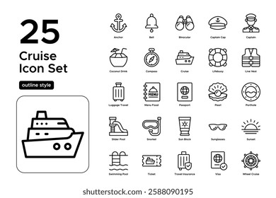 International Cruise Destinations. Port Arrivals, Ship Routes, and Travel Icons. Vector Illustration. Outline icon set