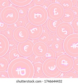 International currencies coins seamless pattern. Divine scattered pink Global coins. Success concept. World money pattern. Coin vector illustration.