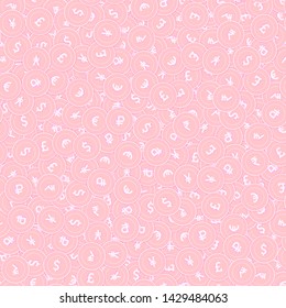 International currencies copper coins seamless pattern. Ecstatic scattered pink Global coins. Success concept. World money pattern. Coin vector illustration.