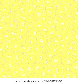 International currencies gold coins seamless pattern. Actual scattered yellow Global coins. Success concept. World money pattern. Coin vector illustration.