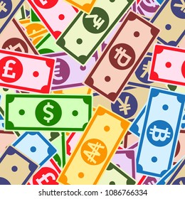 International currencies notes seamless pattern. Scattered Global bills. World big flat money. Jackpot, wealth or success concept. Vector illustration.