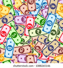 International currencies notes seamless pattern. Scattered Global bills. World cartoon flat money. Jackpot, wealth or success concept. Vector illustration.