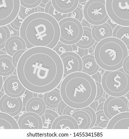 International currencies silver coins seamless pattern. Pretty scattered black and white Global coins. Success concept. World money pattern. Coin vector illustration.
