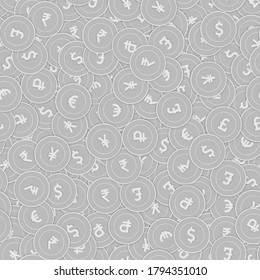 International currencies silver coins seamless pattern. Precious scattered black and white Global coins. Success concept. World money pattern. Coin vector illustration.