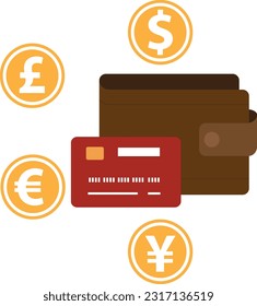 International currencies and wallet with credit card, currency exchange and payments concept