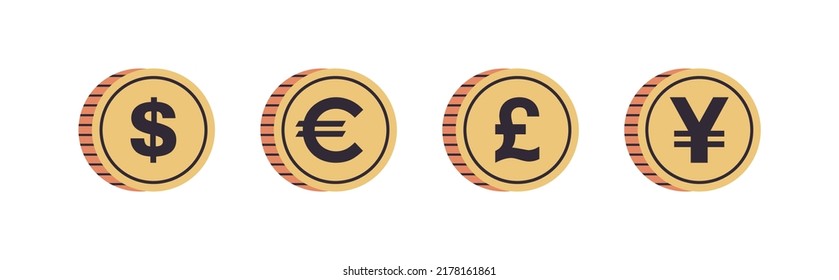 International currency coins and dollar, euro, pound, yen on white background horizontal full length flat vector illustration.