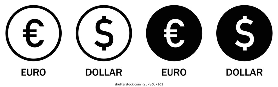 International currency dollar and euro vector sign symbol. Collection of International currency icons. World currency silhouette and line icons set isolated on a white background. Vector illustration.
