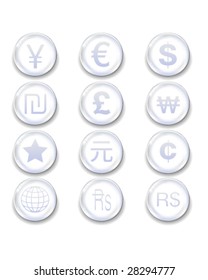 International currency icons on glass orb vector button set