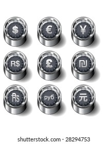 International currency icons on modern rubber vector button set