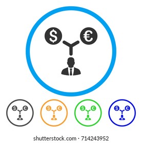 International Currency Manager icon. Vector illustration style is a flat iconic international currency manager gray rounded symbol inside light blue circle with black, green, blue,
