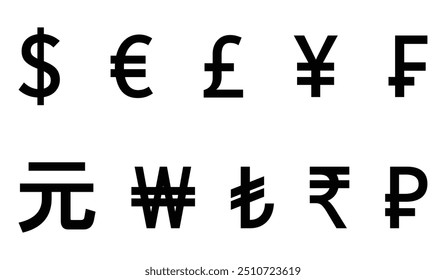 Conjunto de ícones de símbolo de moeda internacional. Dólar, Euro, Libra, Rublo, Rúpia, Iene, Iene, Yuan, Franco, Won, Renminbi, Lira turca se. Vetor