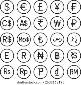 International currency symbol icons collection. currency signs round outline vector illustration. Please generate all country currency icons set