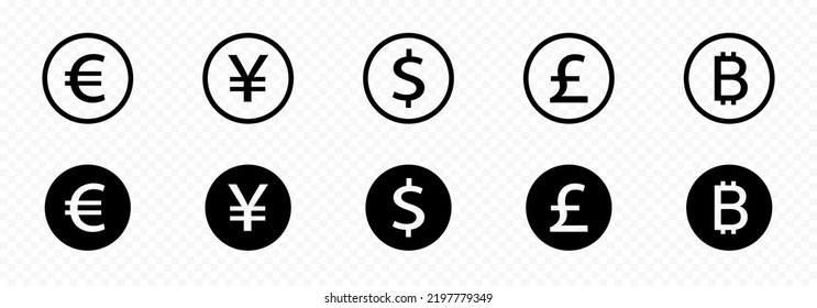 Symbole für internationale Währungen einzeln auf transparentem Hintergrund. Währungssymbole. Euro, Dollar, Pfund, Yuan, Bitcoin.  Symbole der Geldart. Vektorgrafik EPS10