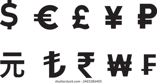 International currency symbol icons. Currency symbols. Dollar, Euro, Pound, Ruble, Rupee, Yen or Yuan, Franc, Won, Renminbi and Turkish lira se. Money kind icons. Vector Illustration. Vector graphic. 