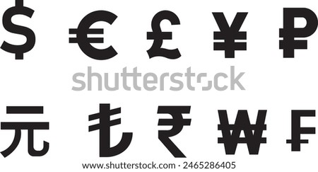 International currency symbol icons. Currency symbols. Dollar, Euro, Pound, Ruble, Rupee, Yen or Yuan, Franc, Won, Renminbi and Turkish lira se. Money kind icons. Vector Illustration. Vector graphic. 