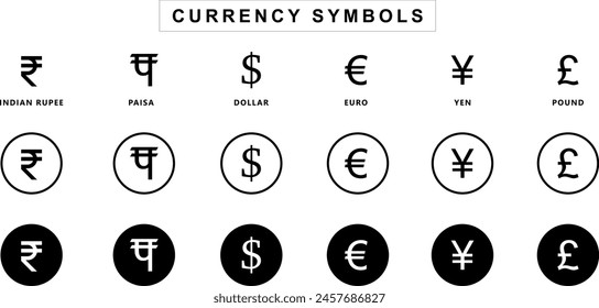 Internationaler Währungssymbolsatz mit Symbolen. Geldartige Symbole. Währungssymbole. Rupie, Paisa Euro, Dollar, Pfund, Yen, Yuan. Vektorgrafik-Grafik in Kreis- und Strichform