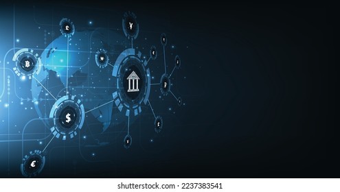 International currency transfer concept.central bank layout surrounded currency signs: dollar, euro, ruble and yen on dark blue background.Digital connect system.Financial technology concept.