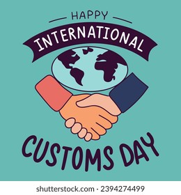 International Customs Day banner. Handwriting inscription, Happy International Customs Day. Winter view background. Hand drawn vector art.