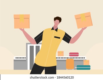 International Customs Day vector concept: Customs officer holding cardboard to checked on the scanner machine in the airport