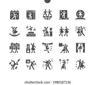 International Dance Day 29 April. Dance championship. Calendar. Twenty ninth of april. Holiday cake. Ballet, breakdance, tango, latin dance. Vector Solid Icons. Simple Pictogram