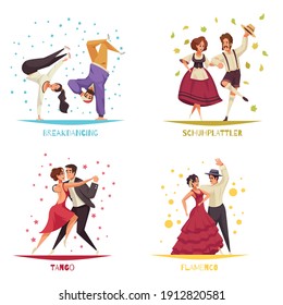 International dance day 2x2 design concept set of breakdancing flamenco tango flat compositions vector illustration