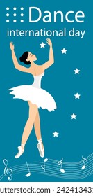 International Dance Day. Ballet dancer and stars on a blue background