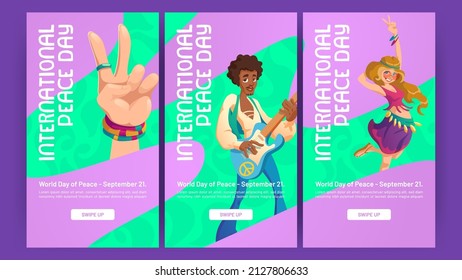 International dance day cartoon web banners with hippie peace gesture, hippy man play guitar, sing song. Culture of sixties, retro style performance or disco party, Vector mobile app onboard screens