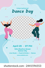 Celebración del Día Internacional de la Danza. Día Internacional de la Danza Antecedentes.  29 de abril. Diseño de ilustración vectorial para póster, banner, flyer, tarjeta, poste, cubierta, saludo, competencia, evento. Bailarina.