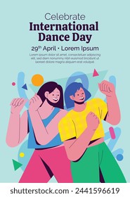 Celebración del Día Internacional de la Danza. Día Internacional de la Danza Antecedentes.  29 de abril. Diseño de ilustración vectorial para póster, banner, flyer, tarjeta, poste, cubierta, saludo, competencia, evento. Bailarina.