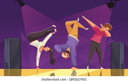 Fondo del Día Internacional de la Danza colorido con tres adolescentes bailando en la ilustración del vector plano de la escena