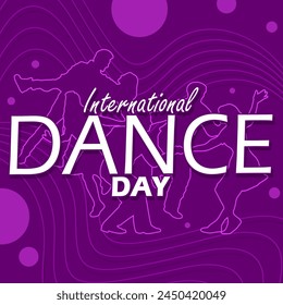 International Dance Day event banner. Bold text with illustrations of dancing people on a dark purple background to celebrate April 29th