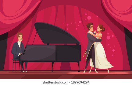 International dance day flat illustration with pair of dancers performing waltz to accompaniment of piano vector illustration