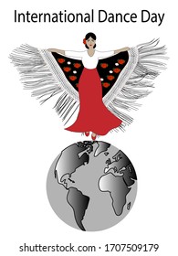 International Dance Day greeting card. Flamenco dancer with traditional shawl is dancing on the globe.