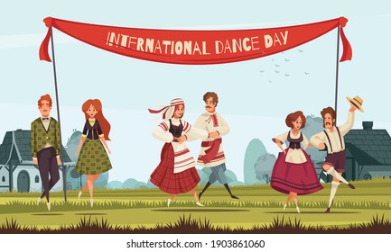 International dance day with group of people in various national costumes dancing outdoors in country style vector illustration