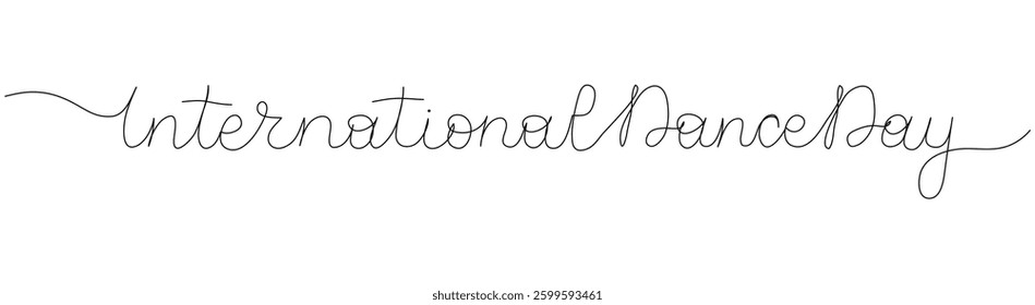 International Dance Day handwritten words with editable stroke. One line art lettering. Outline hand drawn script. Typography in continuous style. Minimalist black drawing of phrase banner.