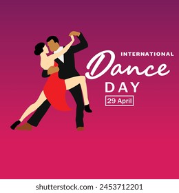 International Dance Day. illustrative banner with gradient purple background. 29 april day. Couple dancing