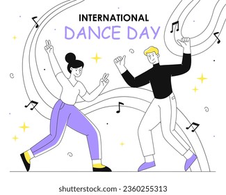 International dance day line poster. Man and woman dance together. Couple with musical notes. Entertainment, fun and leisure, active lifestyle. Linear flat vector illustration