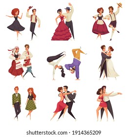 International dance day set of dancing couples performing different dance styles isolated vector illustration