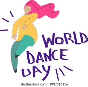  International dance day vector concept. Cartoon women with colorful hair dancing. Poster, postcard, banner. Celebration vector background. 