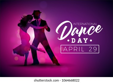 Międzynarodowy Dzień Tańca Ilustracja wektorowa z tango taniec para na fioletowym tle. Szablon projektu na baner, ulotkę, zaproszenie, broszurę, plakat lub kartkę z życzeniami.