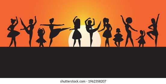 
International Dance Day Vector Illustration with group of women dancing  on sunset background. Design template for banner, flyer, invitation, brochure, post